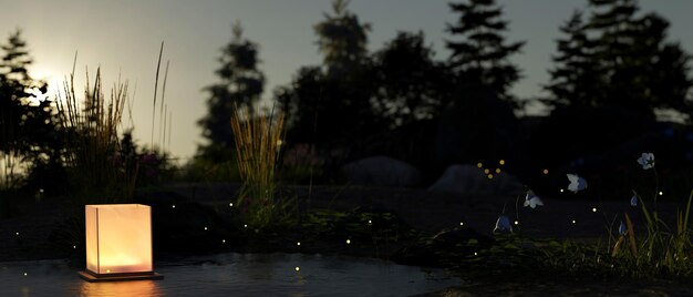 Lámpara flotante en un estanque en el hermoso paisaje forestal con un cielo oscuro por la noche