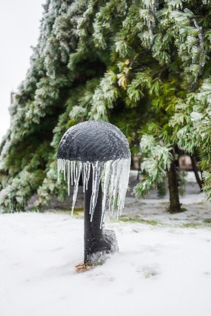 Foto lámpara de hierro en forma de hongo cubierta de hielo y carámbanos hermosos abetos verdes cubiertos de nieve clima helado escenas nevadas de invierno