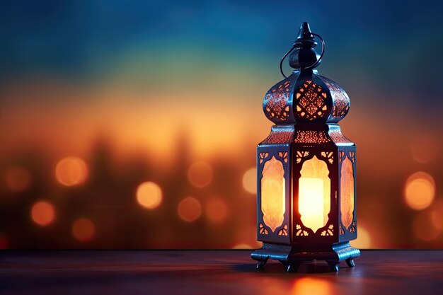 Lámpara iluminada de Ramadan Kareem Lantern con fondo sereno de mezquita