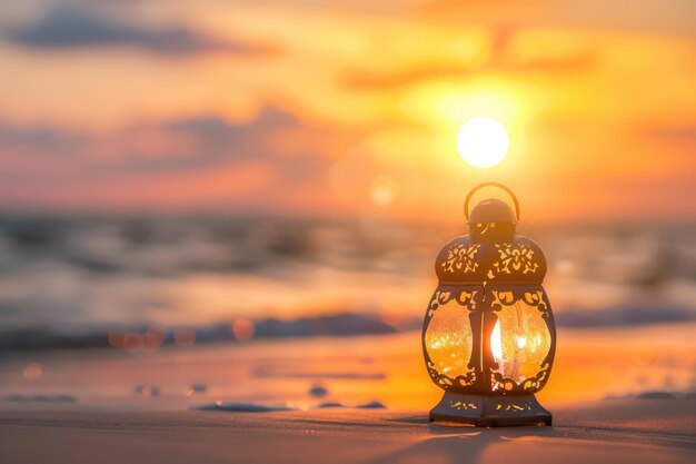 Lámpara de linterna en la playa de arena al atardecer el cielo Eid Al Adha Eid Al Fitr