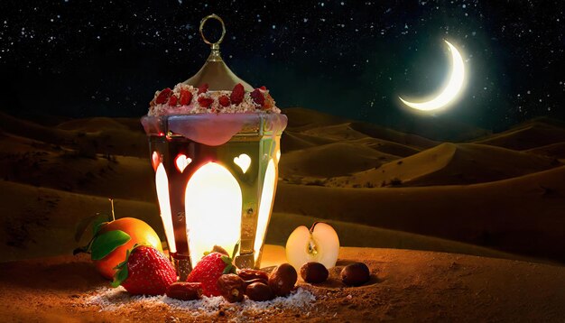 Lámpara de linterna tradicional de Ramadán y Eid con fechas de luna creciente y frutas en un cuenco en la alfombra