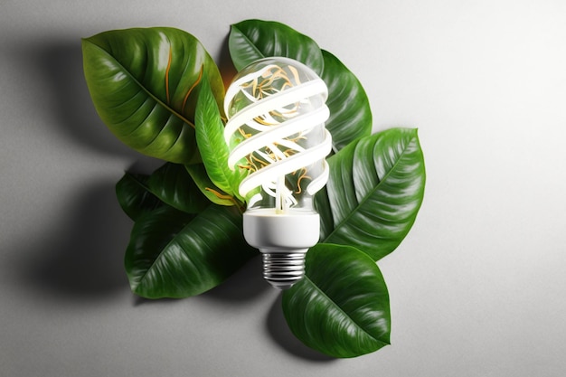 Lámpara de luz LED con concepto de energía ECO de hoja verde de cerca Ahorro de energía y medio ambiente ecológico Energía renovable y ahorro de energía ecológica o concepto de consumo de energía verde AI Generativo