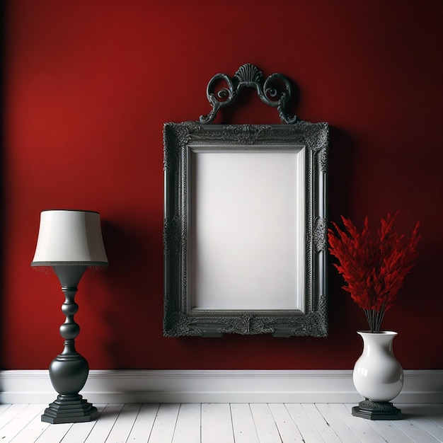 Lámpara de marco blanco vacío y jarrón de moda dentro de la pared de la habitación