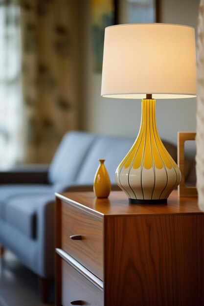 Lámpara de mesa elegante de mediados de siglo en un armario de madera en una habitación