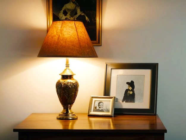 una lámpara en una mesa con una imagen de un hombre y una foto de un hombre en ella