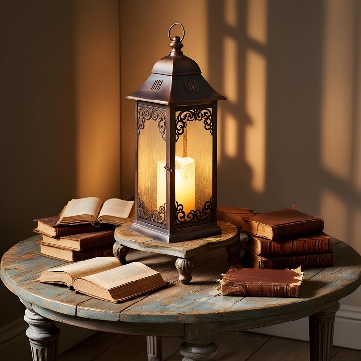 una lámpara en una mesa con libros en ella y una vela en la parte superior de ella
