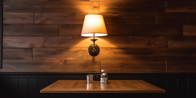 Una lámpara de mesa en un restaurante con una lámpara en la pared.