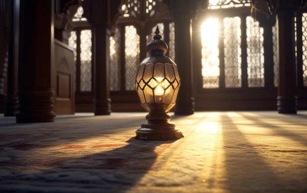 Una lámpara en una mezquita con la luz brillando a través de ella