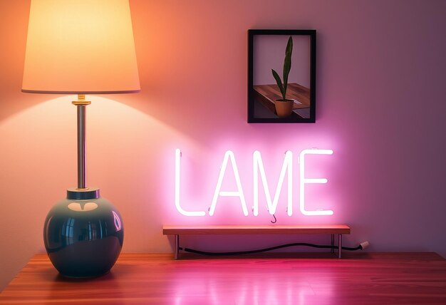 lámpara de neón de mesa en la mesa y habitación de luz de neón