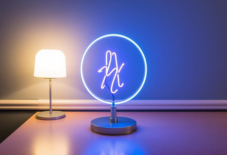 Foto lámpara de neón de mesa en la mesa y habitación de luz de neón