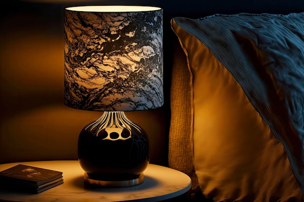 Lámpara de noche oscura con pantalla de patrón de mármol creada con ai generativo