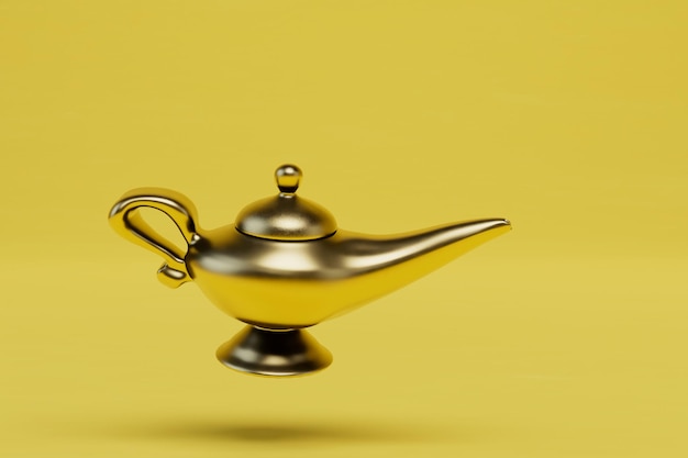Lámpara de oro mágica aladinna sobre un fondo amarillo copiar pegar copiar espacio 3D render