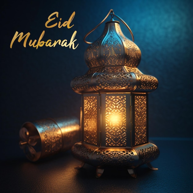 Una lámpara de oro con la palabra eid mubarak en el fondo