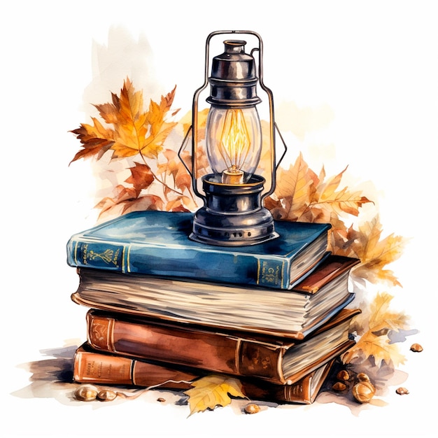 Lámpara de otoño otoño con libros antiguos Luces de otoño otoño acogedor AI acuarela generativa