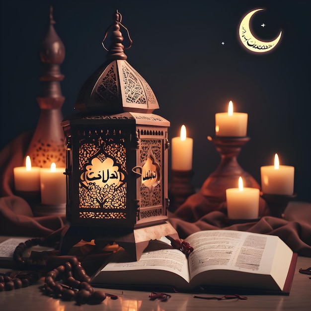 una lámpara con la palabra árabe en ella está al lado de una vela