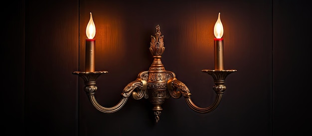 Lámpara de pared de metal dorado con velas eléctricas dobles.