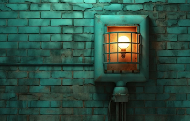 Lámpara en la pared en misteriosa luz verde Lámpara retro o steampunk en la muralla urbana