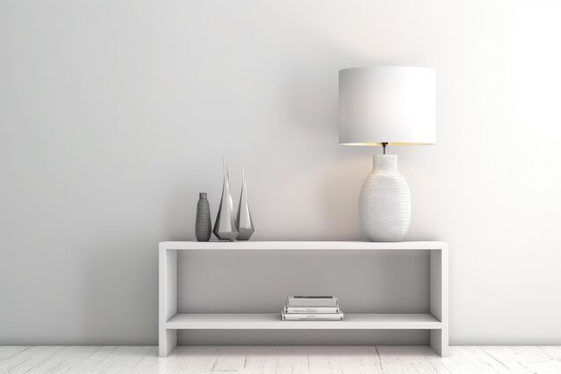 Lámpara de pie en el estante en interior blanco minimalista AI