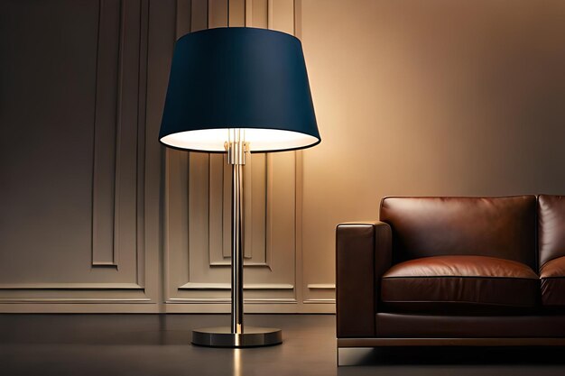 una lámpara de pie con pantalla azul y un sofá de cuero marrón.