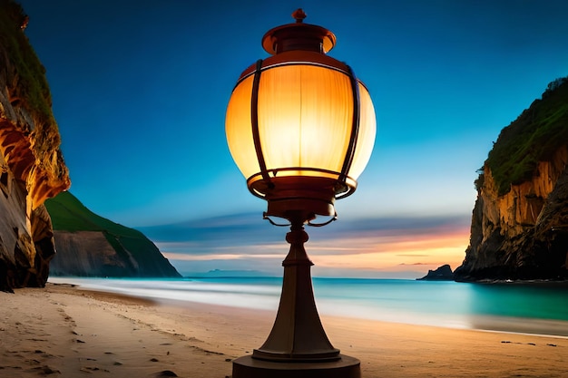 Una lámpara en una playa con un faro al fondo