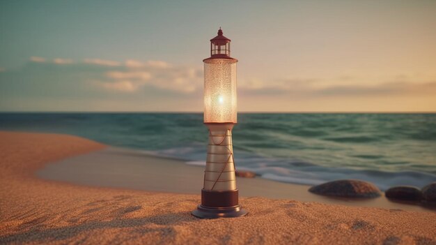 Una lámpara en una playa con un faro en el fondo IA generativa
