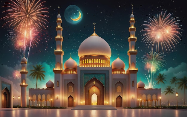 lámpara ramadan kareem eid mubarak con puerta santa de la mezquita con fuegos artificiales