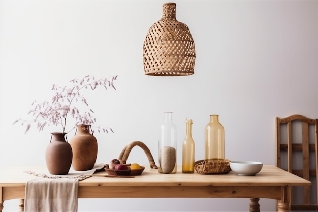 Lámpara de ratán de estilo, decoración de cocina, mesa, habitación beige, muebles de comedor, IA generativa