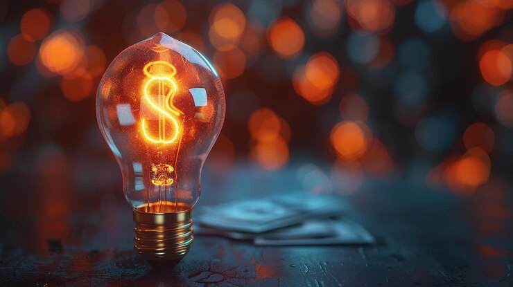 Lámpara de señal de dólar con luces bokeh que simbolizan ideas financieras y conceptos económicos innovadores