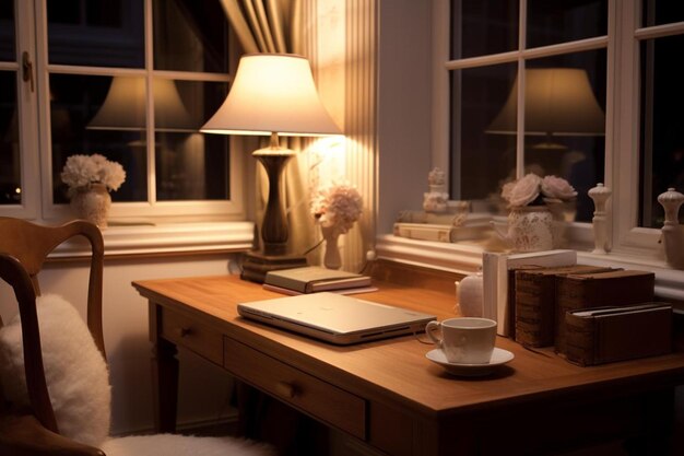 una lámpara sobre una mesa con una lámpara y un libro encima