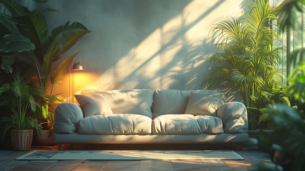 Lámpara de sofá estándar gris planta de interior y interior de sala de estar ligero