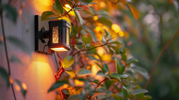 Lámpara solar encendida en el jardín de la noche