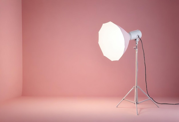 una lámpara con una sombra blanca que está en un fondo rosa