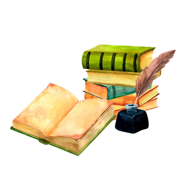 Una lámpara con una sombra verde libros antiguos de escritura suministros de tinta pluma composición acuarela juego de escritura juego de acuarela ilustración en para imprimir en pegatinas volantes retro y postales scrapbooking