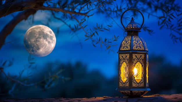 lámpara tradicional luna creciente iglesia islámica y fondo de cielo azul de medianoche