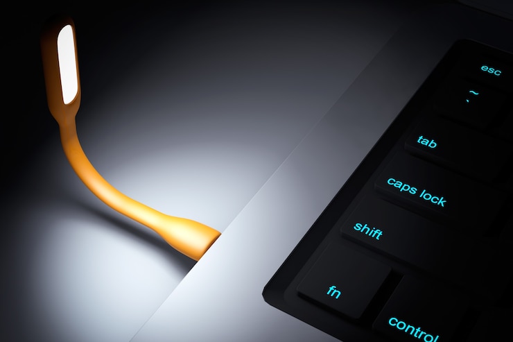 Foto lámpara usb led naranja extreme closeup. representación 3d
