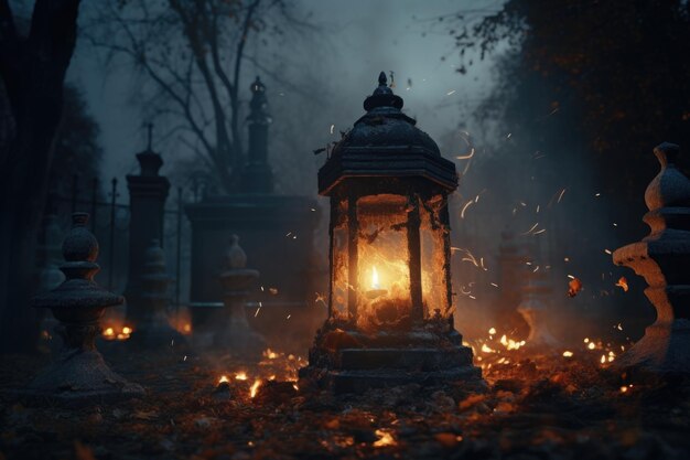 Lámpara con velas en el cementerio Día de los Muertos