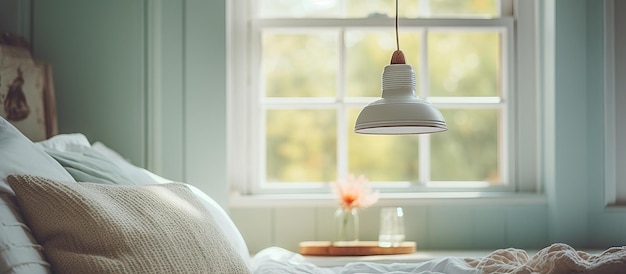 Foto lámpara vintage colgada cerca de la ventana en un dormitorio moderno soleado con cubierta de cama