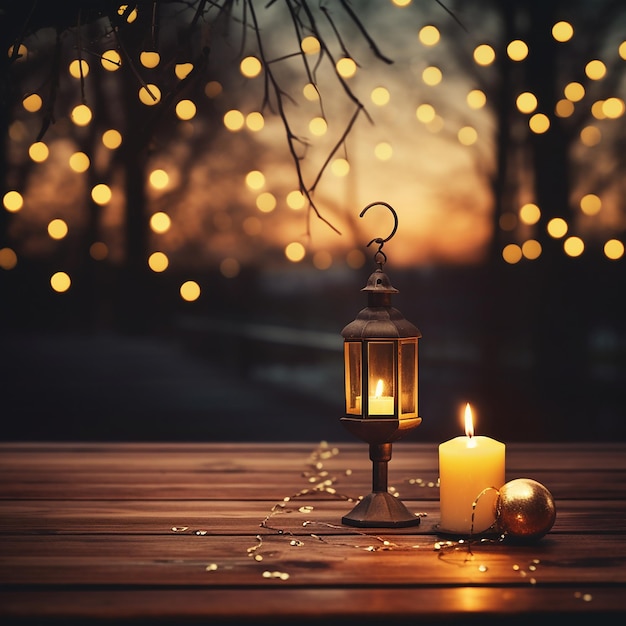 lámpara vintage y vela en el suelo de madera a la luz borrosa del bosque