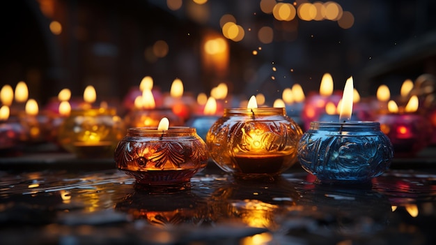 Lámparas de aceite 3D y símbolos iluminadores brillantes a la luz de las velas Celebración de Diwali Gran festival indio