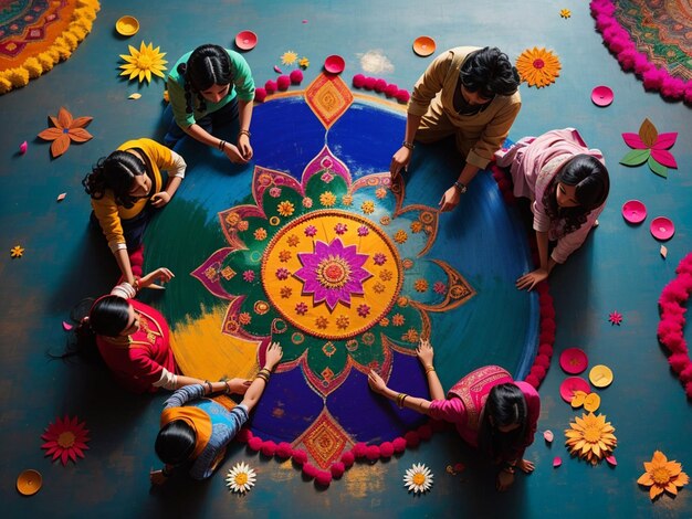 Foto lámparas de aceite hechas a mano decoradas con rangoli en la noche festiva del festival hindú diwali o deepavali