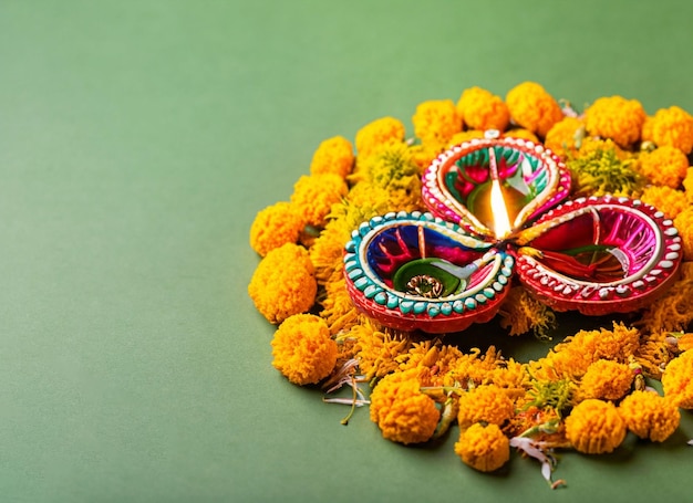 Lámparas de aceite indias Diwali diya encendidas en un hermoso y colorido rangoli Diwali Concept