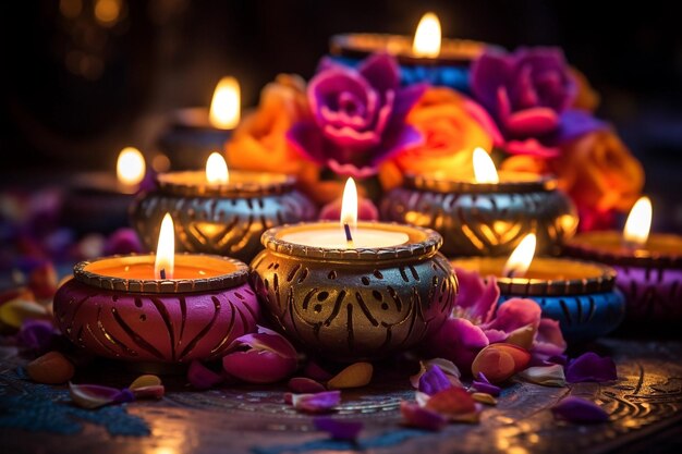 Lámparas de aceite y velas encendidas por la noche durante la celebración de Diwali