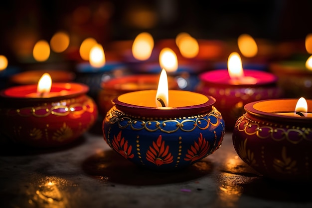 Lámparas de arcilla de colores diya encendidas durante la celebración de diwali