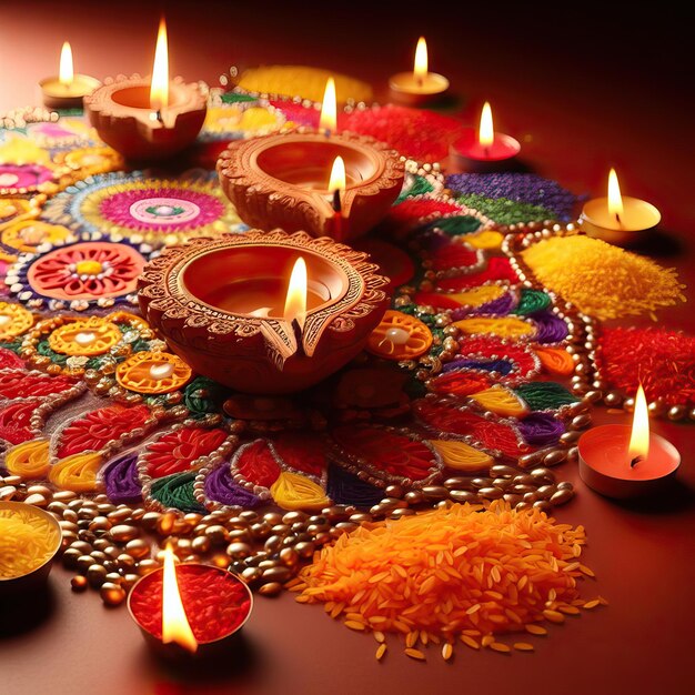 Lámparas de arcilla coloridas con flores en un fondo púrpura Feliz Diwali AI generativa india