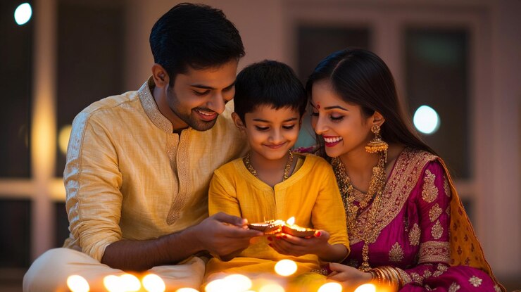 Las lámparas de arcilla decorativas iluminan una mesa festiva durante las celebraciones de Diwali por la noche