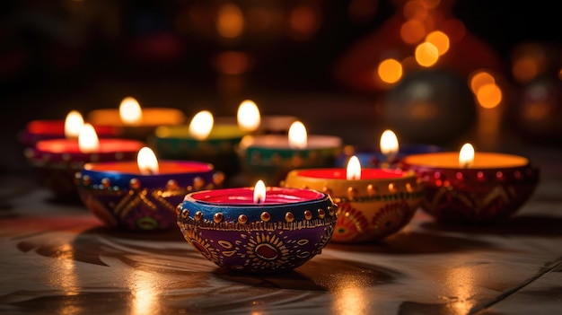 Lámparas de arcilla diya encendidas durante la celebración de Diwali