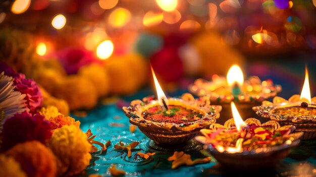 Lámparas de arcilla tradicionales de Diwali entre decoraciones florales