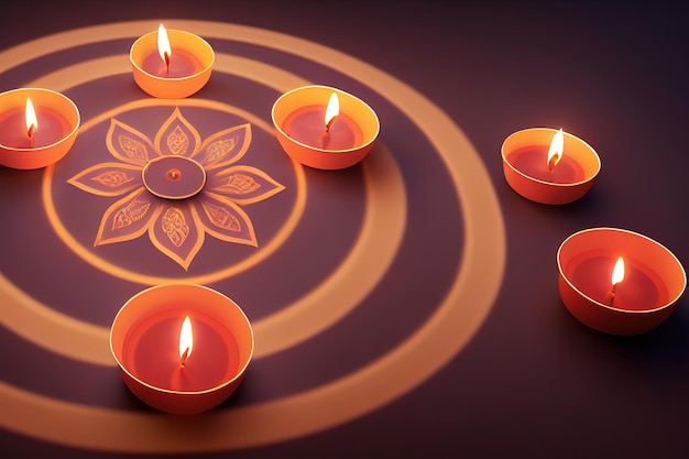 Lámparas coloridas de Diwali Lámparas Deepavali iluminadas en una hermosa formación con flores Lámparas de aceite Vista superior