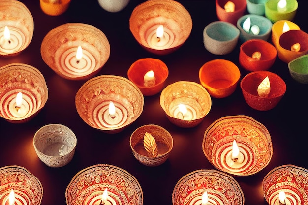 Lámparas coloridas de Diwali Lámparas Deepavali iluminadas en una hermosa formación Lámparas de aceite Vista superior