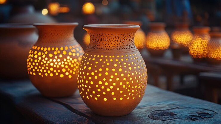 Lámparas decorativas de terracota con luz de vela cálida